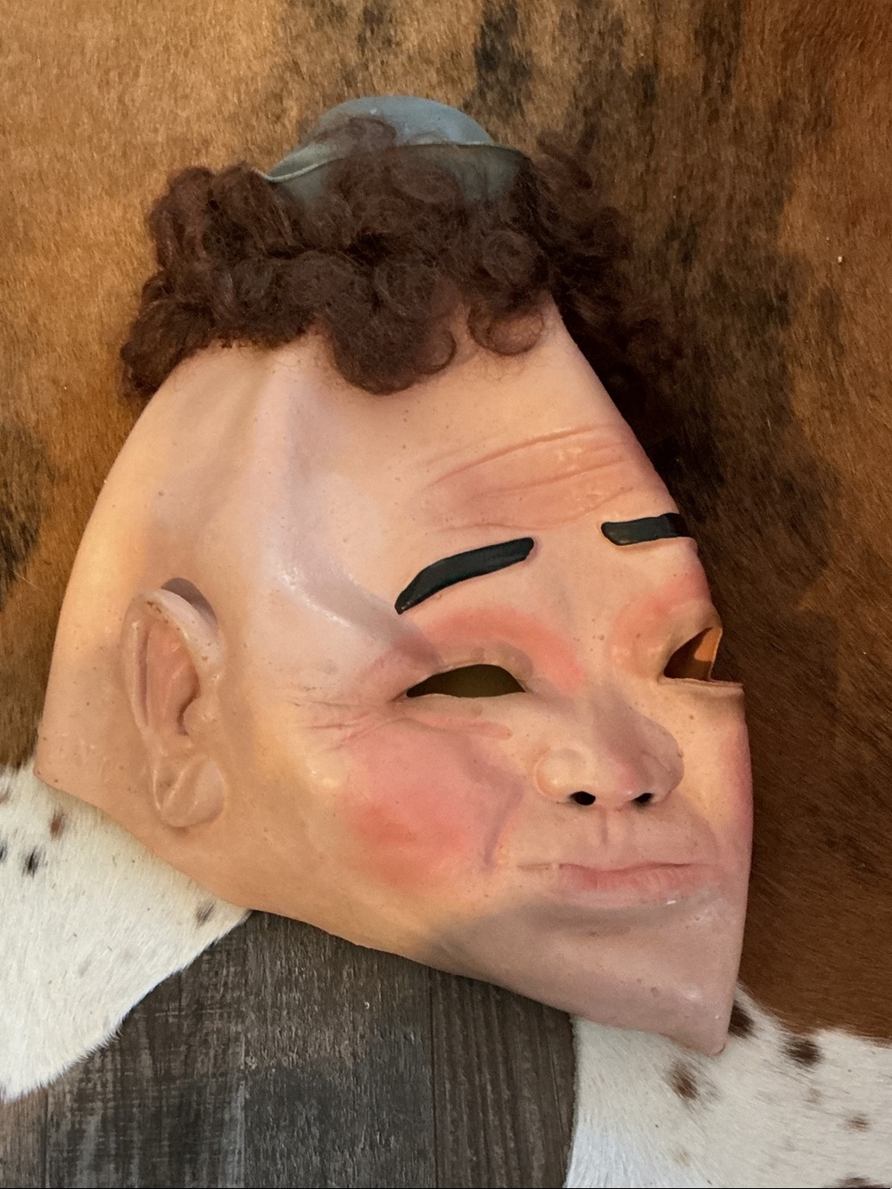 Vintage 1960s Halloween Men's Beige Face Mask with Curly Hair Accent